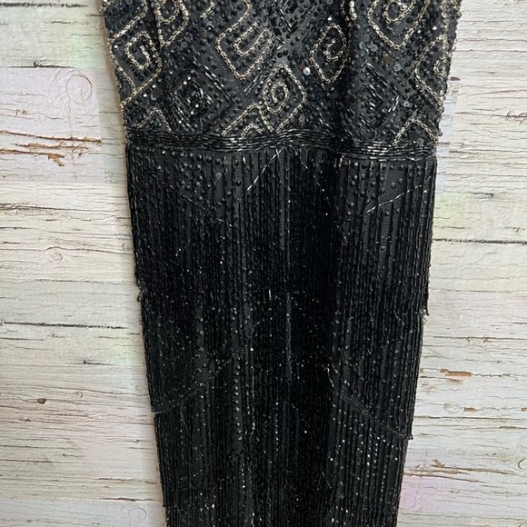 Fully beaded Evening gown black fringe NWT bridal size 12 - Picture 3 of 10